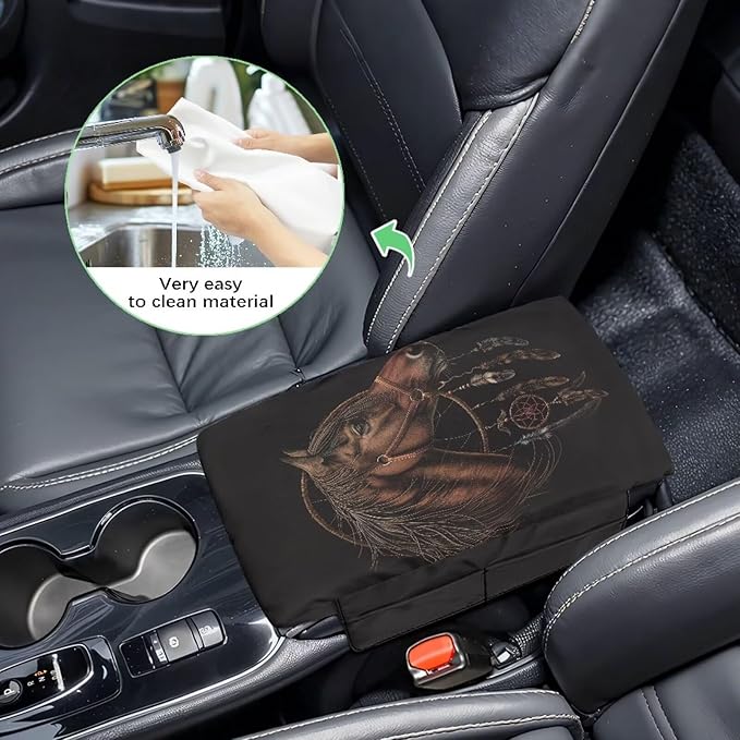 Wanyint Brown Horse Dream Catcher Auto Center Console Cover Armrest Seat Box Pad Protector with Side Storage Pocket Middle Console Pad Arm Rest Protective Cover Car Interior Protection