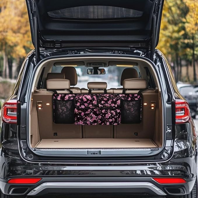 Car Trunk Organizer and Storage, Cherry Blossom Large Capacity Backseat Hanging Storage with 4 Storage Bag Car Accessories, Backseat Car Organizer Universal for Cars, Truck, vans