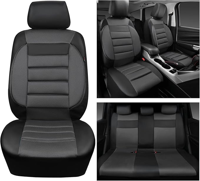 CAR PASS Leather 3D Foam Back Support Car Seat Covers Full Set Air Mesh Automotive Seat Covers, All Season Car Seat Cover Fit Automotive,SUV,Sedan,Van, Airbag Compatible Elegance (Black Charcoal Gray)