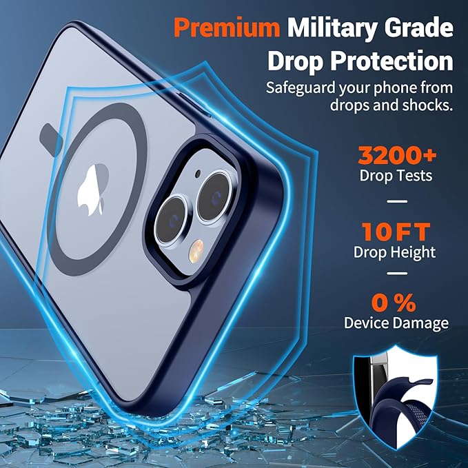 SUPFINE Magnetic for iPhone 14 Case & iPhone 13 Case (Compatible with MagSafe) (Military Grade Drop Protection) Slim Translucent Matte Shockproof Phone Cover,Navy Blue