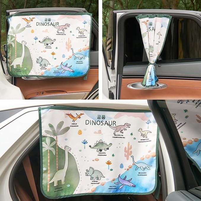 Magnetic Car Sun Shade Curtain for Side Window – Sun Blocker and UV Protector for Baby, Kids, and Pets – Universal Fit with Built-in Magnets for Steel-Framed Door (Magnet-Dino Friends)