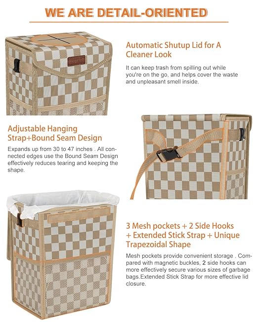 Pritent Car Trash Can with Lid, Cute Leakproof Car Trash Garbage Bag Hanging Vehicle Trash Bin Small Portable Automotive Garbage Cans Organizer for Back/Front Seat(Trapezoid,Khaki Checkered)