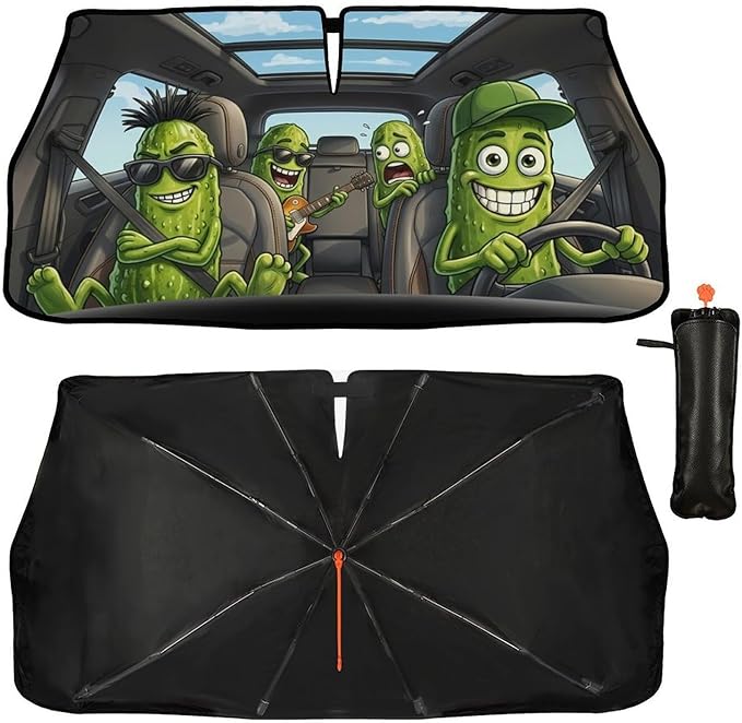 Socira Funny Pickle Car Windshield Sun Shade Umbrella Pickle Gifts Foldable Sunshade for Front Window Auto Windshield Sunshade Covers Car Accessories Protect from Sun Rays Heat 57'' X 30''