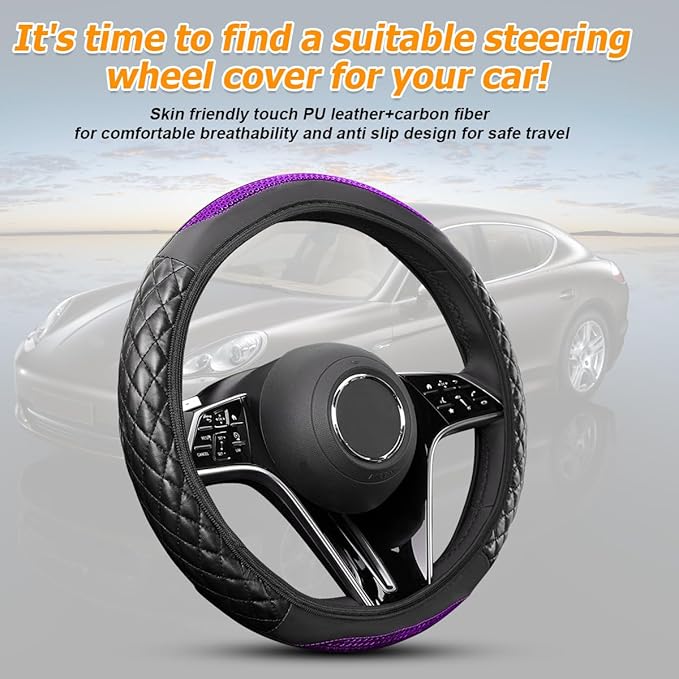 Car Steering Wheel Cover, 14.96" Leather Anti-Slip Vehicle Steering Wheel Protector with Fish Scale Graphic Grip, Automobile Interior Protection, Universal for Sedan Truck SUV (Purple)