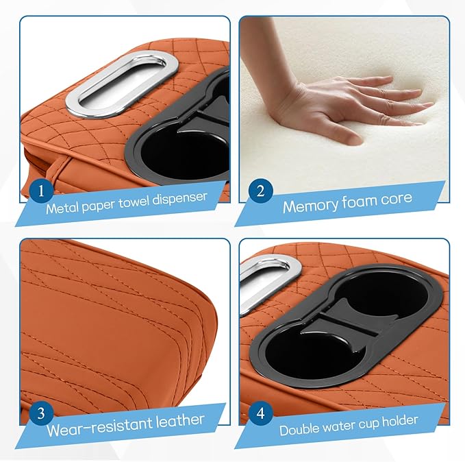 wuyaoyao Car Center Console Armrest Pillow, 13.78"×7.48"×2.56" Leather Arm Rest Cover for Cars, Memory Foam Auto Armrest Cushion Pad with Pocket, Cup Holder & Tissue Box, Car Accessories (Orange)