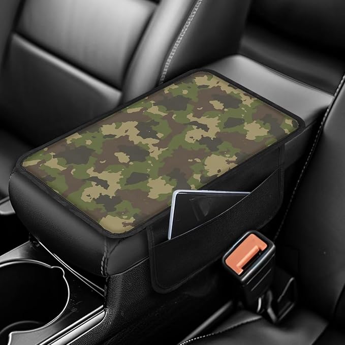 Camo Green Print Center Console Covers for Cars Waterproof Vehicle Armrest Cover Pad Non-Slip Armrest Seat Box Cover Protector Car Decoration Accessories