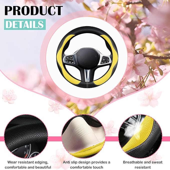 SuperKaKa Car Steering Wheel Cover 2025, Universal Auto PU Cute Breathable Slip-Proof Comfort Imitation Leather Protector Cars Interior Accessories for Women Men Fit Most Vehicle (Yellow)