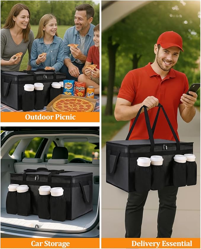Bodaon Insulated Grocery Bags with 4 Cup Holders -Insulated Bags for Food Delivery with Zippered Top, Food Carrier for Catering, Pizza Bag and Cooler Bag for Takeout, Picnic, Shopping, Car Use