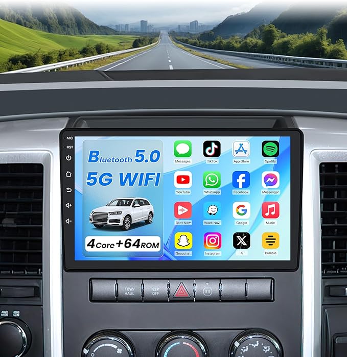 4Core 64ROM Car Radio for Dodge RAM 1500 2500 3500 2009-2012:Upgrade for Ram GPS SWC Bluetooth 5.0 10.2 Inch IPS Touchscreen Back-Up Camera Wireless CarPlay & Android Auto