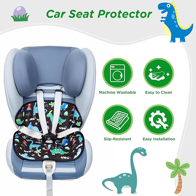Car Seat Protector for Potty Training, 2 Pack Waterproof Piddle Pad Cover with Anti-Slip Backing, Portable Car Seat Liner for Toddler Baby Safety Carseats & Strollers (Black Dinosaur)