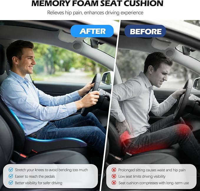 Car Seat Cushion for Driving, Memory Foam Driver Seat Cushion with Lower Back & Tailbone Pain Relief. Automotive Cushion for Car Suitable for Trucks, Sedans, and Other Vehicles