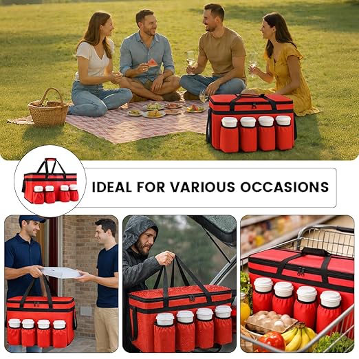 CIVJET Insulated Food Delivery Bag with 4 Cup Holders and Bottom Support, XXX-Large Insulated Grocery Bags Keep Food Hot/Cold, Cooler Bags with Drink Carrier, Food Carrier Catering Bag for Events, Red
