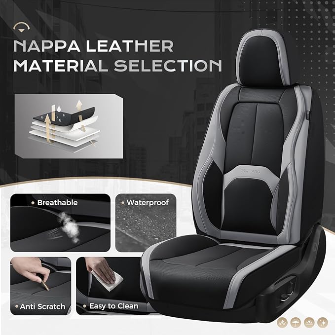 Coverado Car Seat Covers, Leather Seat Covers Full Set, Waterproof Car Seat Protector with Lumbar Support, Automotive Seat Covers Seat Cushions Universal Fit for Most Cars SUV Trucks, (Black&Beige)