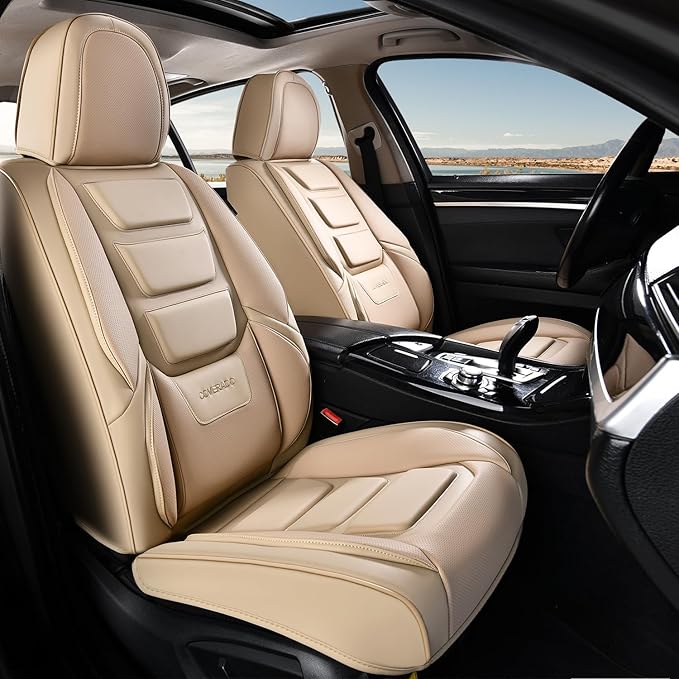 Coverado Car Seat Covers Full Set, Seat Covers for Cars, Front Seat Covers and Back Seat Cover Waterproof Leather Automotive Seat Cover, Universal Car Interior Protectors Cushion for Most Cars Beige
