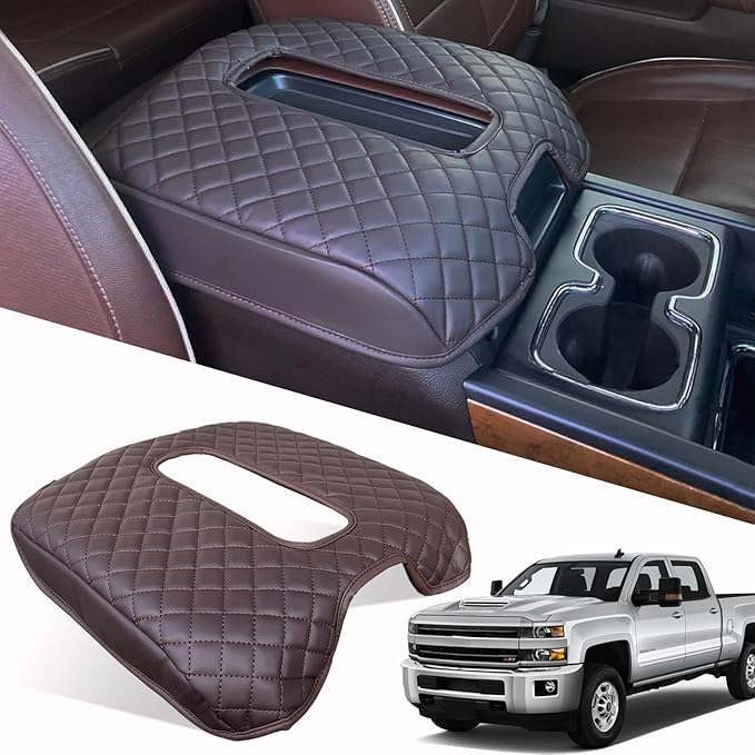 Center Console Cover for Chevy Silverado & GMC Sierra 1500 2500 3500 2014-2018 & Tahoe Yukon Suburban 2015-2020, Scratch Resistance Armrest Cover Trim Accessories - Brown (Bucket Console Only)