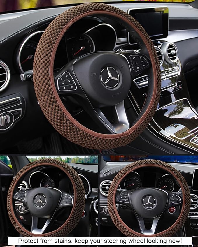 Hiflyer Steering Wheel Cover - Universal 14.5-15 Inch, Soft Microfiber, Women & Men, Brown