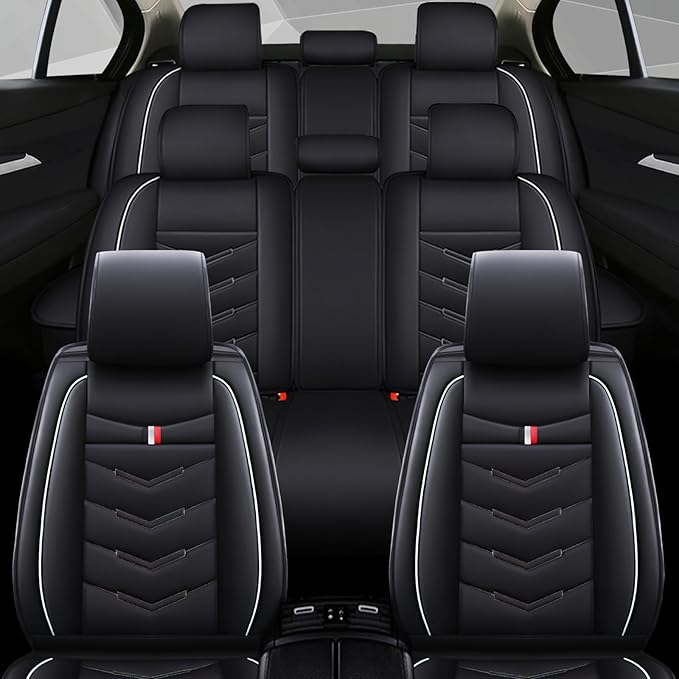 Car Seat Covers 7 Seats for Ford Explorer 2000-2025, Waterproof Durable Compatible Airbag, Premium Leather Seat Protector(7 Seats Standard,Black White)
