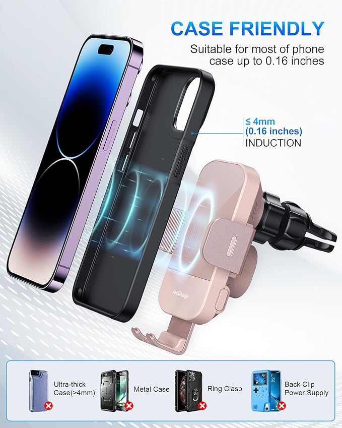 CHGeek Wireless Car Charger, 15W Fast Charging Auto Clamping Car Charger Phone Mount Phone Holder fit for iPhone 15 14 13 12 11 Pro Max Xs, Samsung Galaxy S24 Ultra S23 S22 S21, S20, S10+, Pink