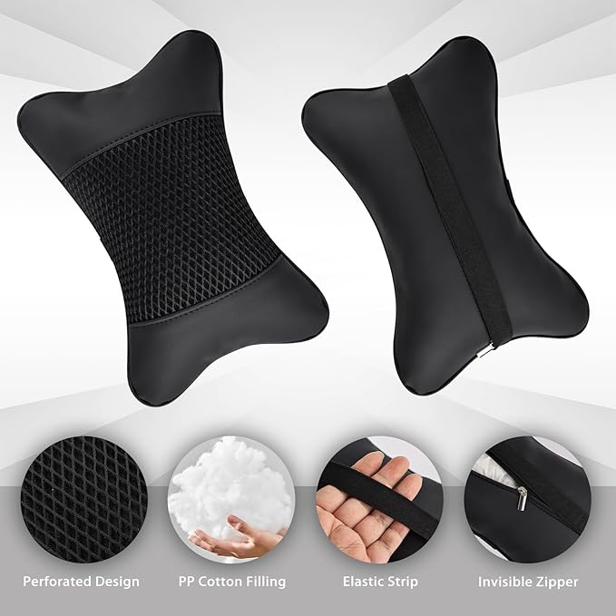 2 Pack Car Neck Pillow Soft Breathable Mesh Headrest Pillows for Driving Support, Universal Fit for Most Car Seats Decor Accessories（Black）
