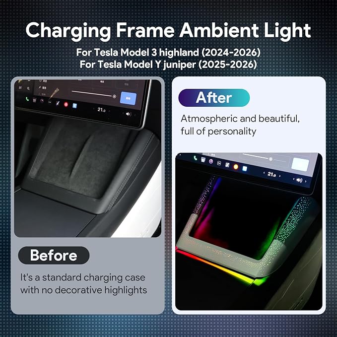 Ambient Lighting Wireless Charging Frame for 2025-2026 Tesla Model Y (Includes Juniper) 2024-2026 Tesla Model 3 PC Stylish Decorative Accessories (Little Starry Sky, White)