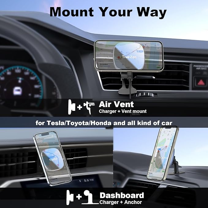 for MagSafe Car Mount with USB C Car Charger & Dual USB-C Car Power Adapter,Air Vent Dashboard Wireless Charger Phone Holder Mount for iPhone Air 17 Pro Max 16 15 14 13 12, Galaxy S25, Fast Charging