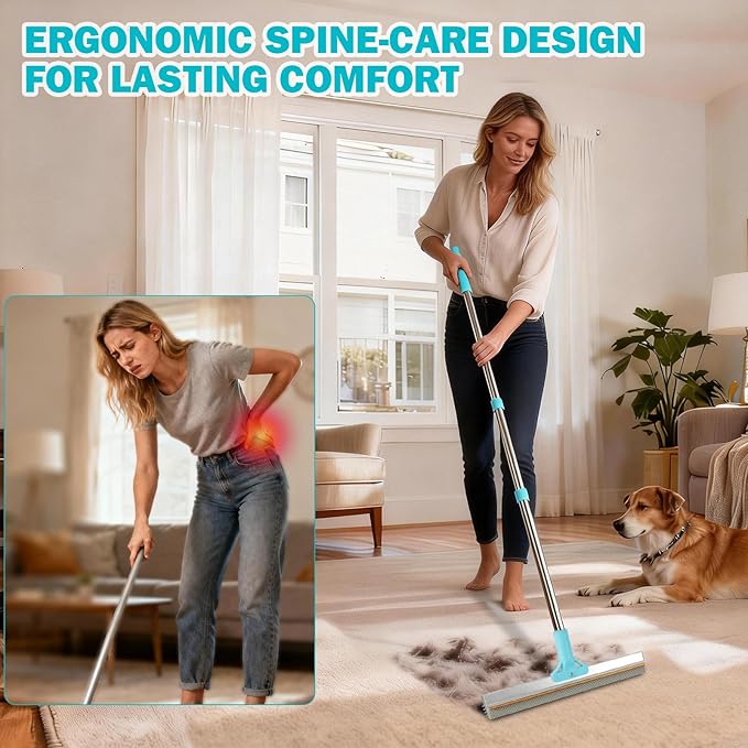 Vivifying Carpet Rake Pet Hair Remover Set, 56” Adjustable Long Handle Plus 2 Handheld Tools, Deep Cleans Pet Hair from Carpets, Rugs, Mats & Upholstery