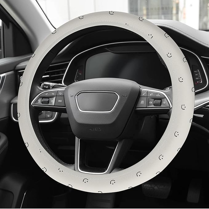Cute White Steering Wheel Cover Soft Cloth Fabric Car Wheel Covers 14.5 15 Inch Universal Fit Breathable Washable Car Accessory Cool in Summer