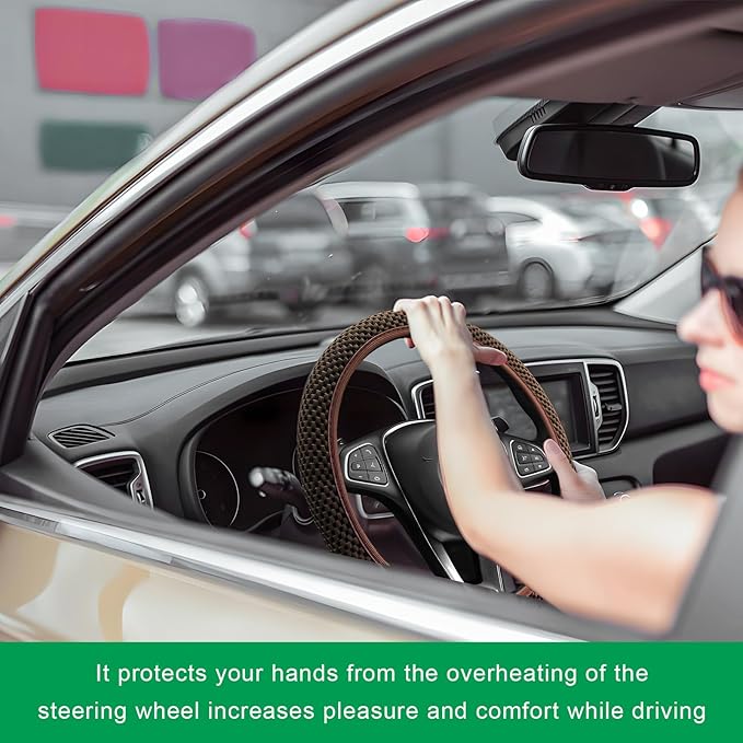 Elastic Steering Wheel Cover, 15"×15" Breathable Ice Silk Steering Wheel Protector, Universal Auto Wheel Wrap Anti-Slip Soft Cover for Ultimate Comfort, Car Accessories (Brown)