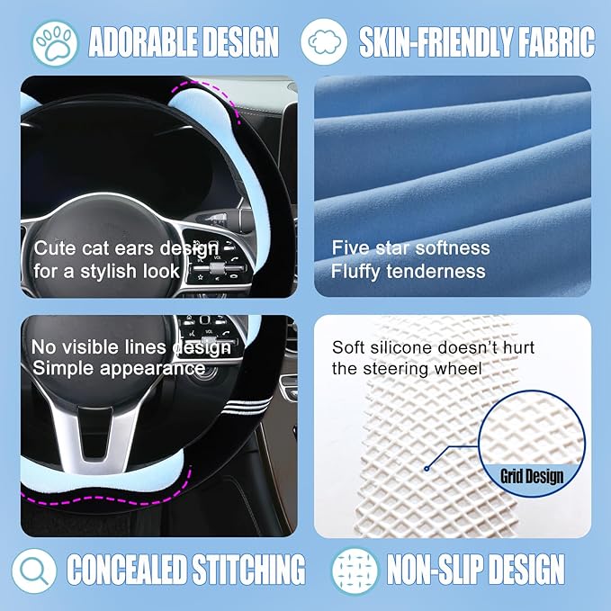 14 inch Furry Cute Steering Wheel Cover, Soft Fluffy Short Plush Auto Accessories, Non-Slip Cold-Proof Sweat-Proof Colorfast(Black with Blue)