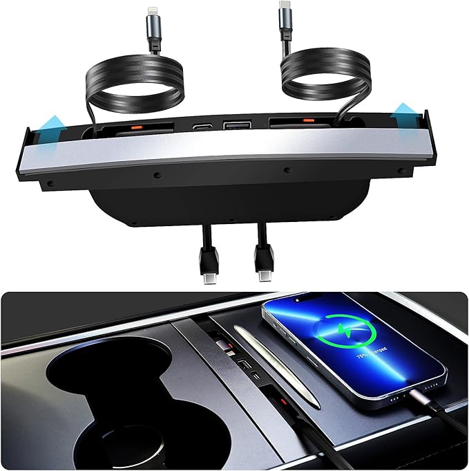 Upgrade USB Charger Hub for Tesla Model Y&Model3, 4-Ports Center Console Retractable Phone Charger,for Model Y/3 Accessories 2024 2023 2022 2021 (Not Compatible with Model 3 2024)