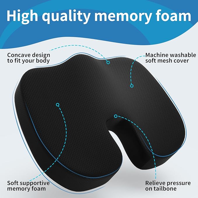 Seat Cushion &Office Chair Cushion,Lumbar Support Pillow for Office Chair,Ergonomic Memory Foam Non-Slip Office Chair Cushion,Back Support Cushions for Tailbone&Sciatica Pain Relief Black