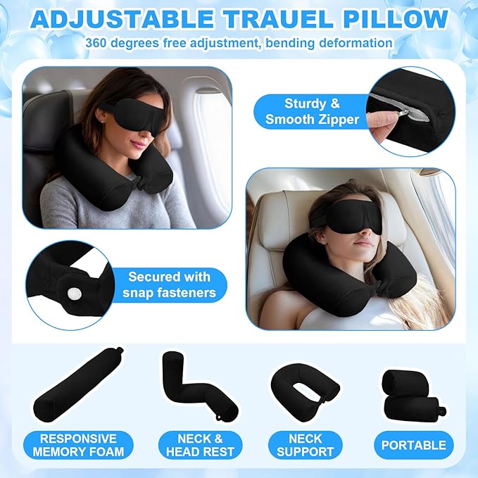 BreezeHug 4 Pcs Travel Comfort Kit with Memory Foam Travel Pillow Airplane Footrest Hammock 3D Contoured Eye Mask Compression Socks Neck Pillow for Car Flight Sleeping Support (Black)