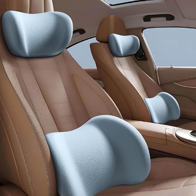 Car Headrest & Lumbar Support Cushion, Ergonomic Car Seat Headrest & Lumbar Cushion with Adjustable Strap for Neck Back Pain Relief, Memory Foam & Breathable Car Head Lumbar Rest Set (Blue)