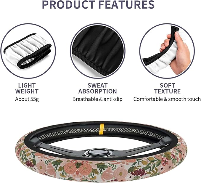 Burgundy Flowers Car Steering Wheel Cover for Women Men, Non-Slip Steering Wheel Protector, Universal 14"-15" Fit for Cars, SUVs, Trucks (Burgundy Flowers)