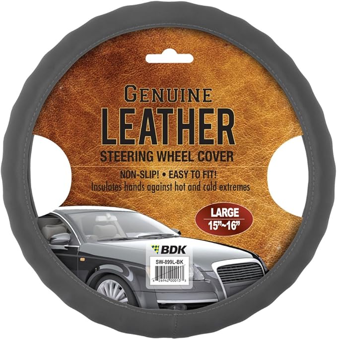BDK Gray Leather Car Steering Wheel Cover Large Size 15.5 to 16 inch, Easy Installation