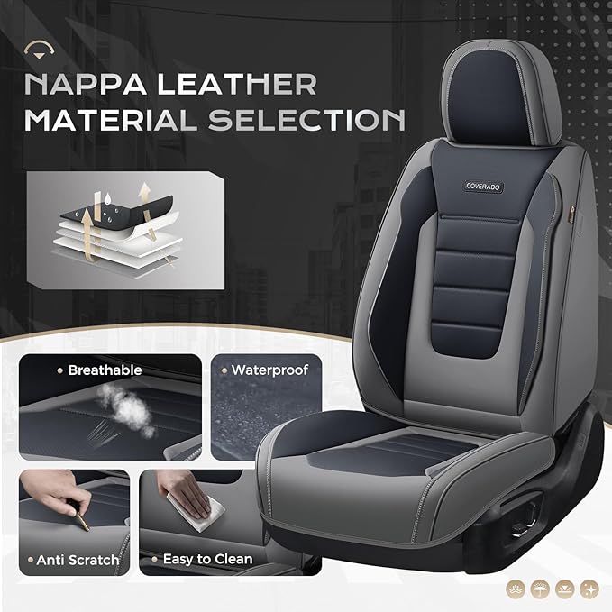 Coverado Car Seat Covers Full Set, Nappa Leather Seat Covers for Cars, Car Seat Protector Car Seat Cushion, Front and Back Seat Protectors Cushions Universal Fit for Most Cars Vehicles(Gray&Black)