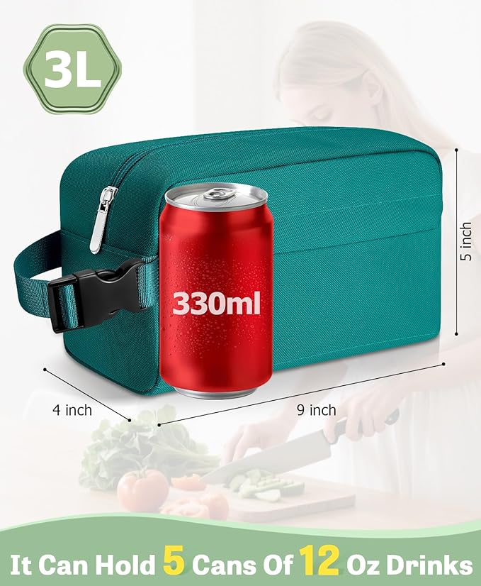 Small Insulated Snack Bag Lunch Bag for Kids Lunch Box for Women/Men, Collapsible [3L/5-Can] Reusable Lunch Bag Cooler Bag for Bottle with Handle Buckle for Work/School/Travel,Peacock Green