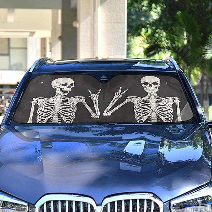 Funny Skull Car Windshield Sunshade - Skeleton Car Shade Skull Sun Shade Black Blocks UV Rays Visor Protector Accordion Folding Sun Reflector Auto Sunshade for Truck SUV to Keep Your Vehicle Cool
