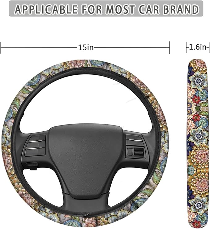 AFPANQZ Boho Floral Bright Blossoms Car Steering Wheel Covers for Womens Anti-Slip Comfortable Stretch-on Steering Wheel Protector Cover Sweat Absorption Cover Car Accessories