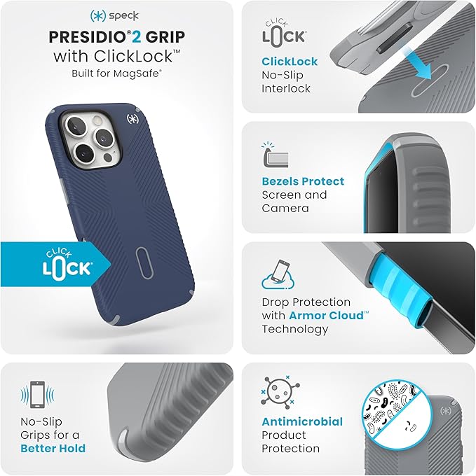Speck Blue iPhone 16 Pro Case MagSafe and ClickLock - Slim Phone Case iPhone 16 Pro - iPhone 16 Pro Phone Case - Presidio 2 Grip - Coastal Blue/Dust Grey