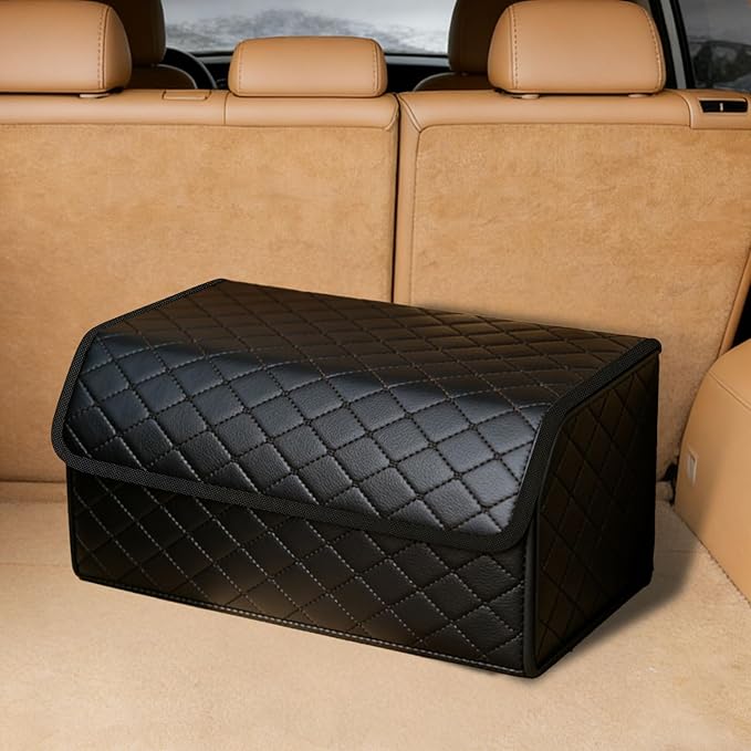 1Pack Leather Trunk Organizer for SUV & Sedans - Extra Large Foldable Car Storage Box with Lid, Adjustable Removable Dividers and Carry Handle, Collapsible Auto Cargo Organizer Black (1)