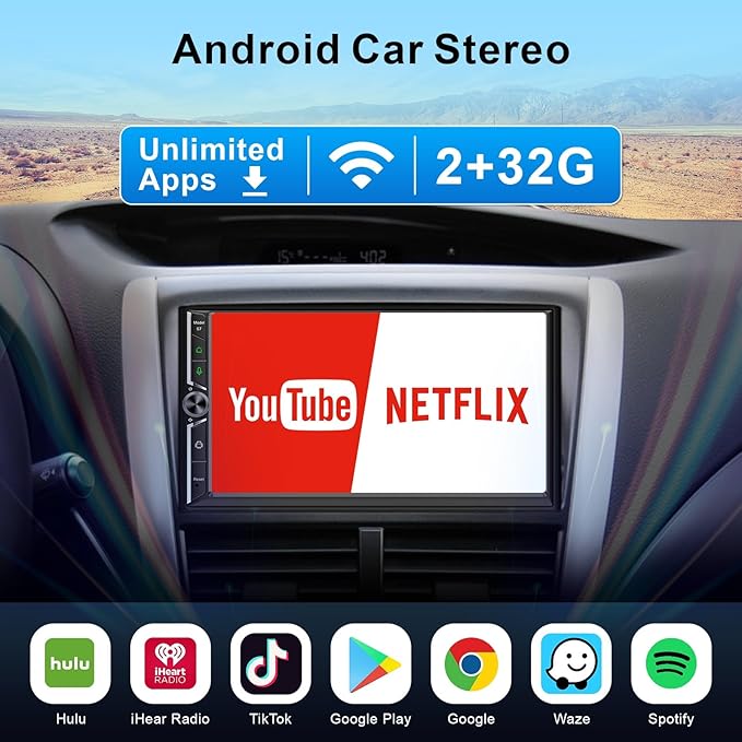 Double Din Car Stereo Wireless Apple CarPlay Android Auto,7 in Android Car Radio Head Unit with QLED Touchscreen, Bluetooth,WiFi, GPS Navigation, FM/USB/SWC/AUX/Subwoofer