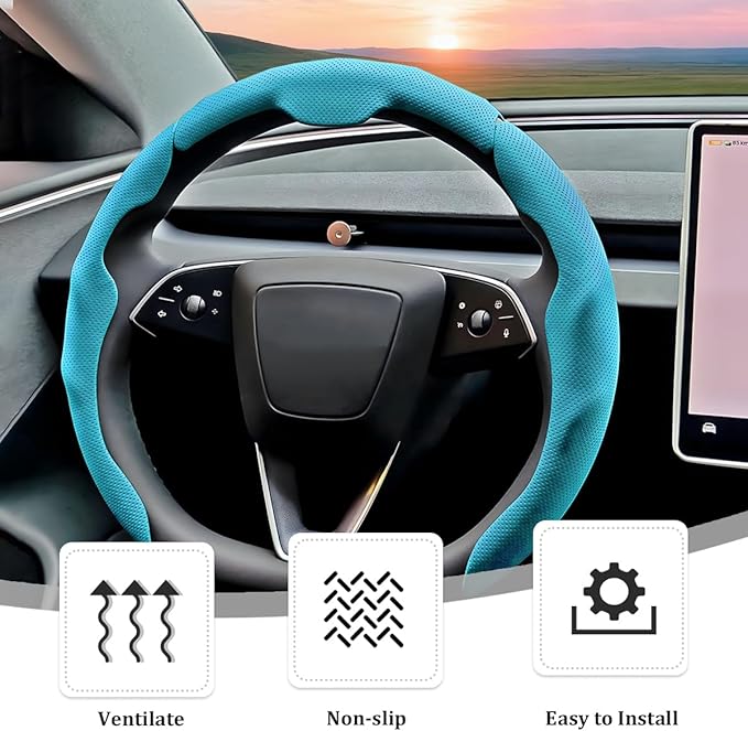 3PCS Car Steering Wheel Cover, Nappa Leather Breathable Non-Slip Segmented Steering Wheel Protector, Snap-on Auto Interior Decoration Accessories, Universal Fit (Blue)