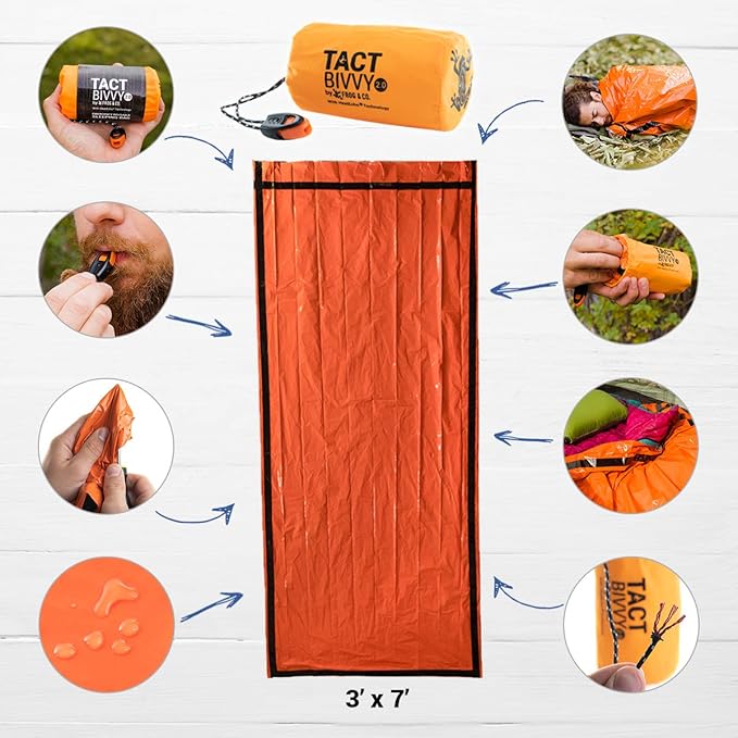 Survival Frog Tact Bivvy 2.0 Emergency Sleeping Bag with Stuff Sack, Carabiner & Survival Whistle – Compact, Lightweight, Waterproof, Reusable Thermal Bivy Sack Shelter Kit