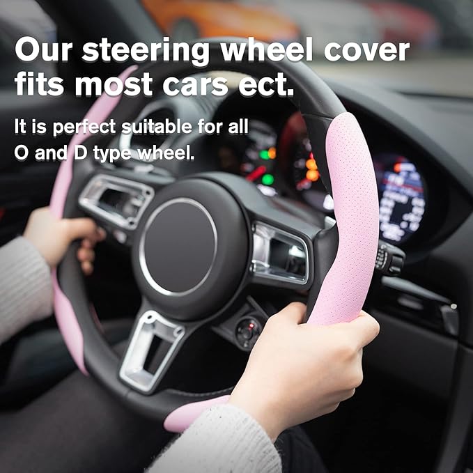 Amiss Car Nappa Leather Steering Wheel Cover, Segmented Steering Wheel Protector, Universal 99% Car Wheel Cover Protector (Pink)