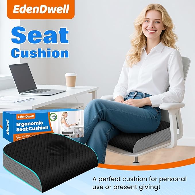 Seat Cushion for Office Chair, Memory Foam Chair Cushions, Car Seat Cushion for Long Sitting, Desk Chair Cushion for Pressure Relief, Non-Slip Bottom, Washable Cover, Large, Black