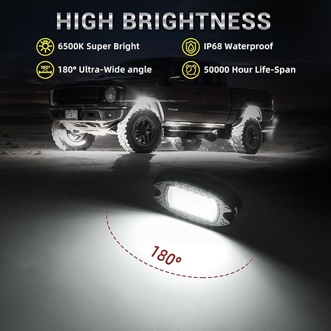 6 Pods Metal LED White Rock Lights for ATV SUV UTV RZR Car Trailer Truck Offroad, Alloy 6000K 24 LEDs Pure White Neon Underglow Light with Switch Extension Harness Under Trail Rig Fender Lighting