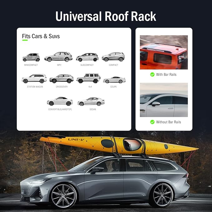 WOOWAVE Premium Kayak Roof Rack Pads Universal Car Soft Roof Rack Kayak Carrier for Canoe/Surfboard/Paddleboard/SUP/Snowboard with Tie Down Straps, Tie Down Rope, Quick Loop Strap and Storage Bag