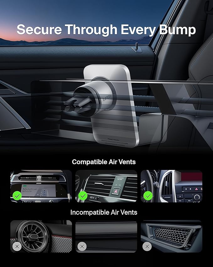 Belkin MagSafe Car Vent Mount Pro, Magnetic Phone Holder for iPhone 16/15/14/13/12, Secure Grip, Portrait & Landscape View, Cable Management, Air Vent Clip, Magsafe Compatible, Silver, Includes Cloth
