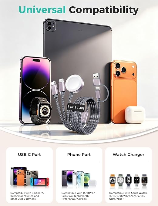 Travel Essentials for Apple Watch Charger,Cruise Vacation 2026 Camping Essentials,iPhone Charger,Multi Charging Cable,3 in 2 Charging Docks for iWatch Series 11-2/Ultra,iPhone 17-12,Car